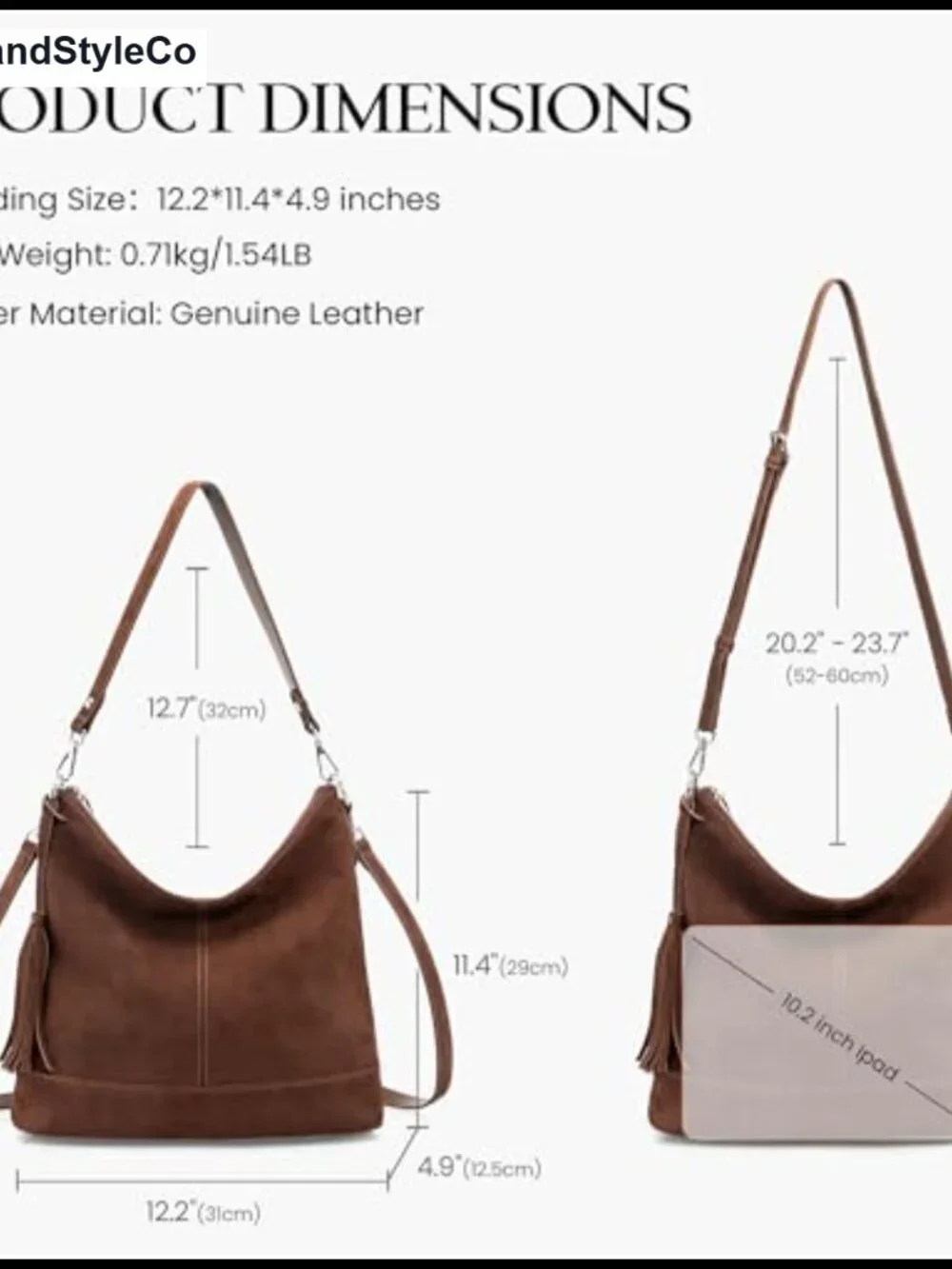 Genuine Leather Hobo Crossbody Bag for Women, Soft Suede, 2 Removable Straps,